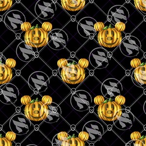 Pode incluir: Padrão repetitivo com abóboras laranja sorrindo com características semelhantes a orelhas de rato, em um fundo preto. O design inclui treliça de diamante branco e detalhes de caveira, criando um tema de Halloween.
