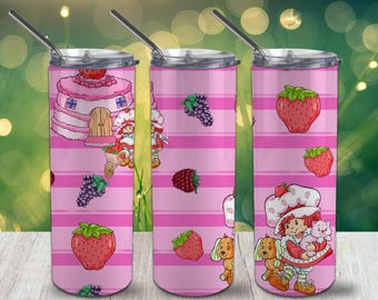 Niedliche Fruchtfreunde, rosa gestreift, schmaler Becher, 590 ml, PNG-Design (300 dpi) – Digitaler Download für Sublimationsdruck