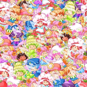 May include: A colorful and whimsical pattern featuring a variety of cartoon characters, including strawberries, blueberries, and other fruits. The characters are dressed in various outfits and accessories, and they are all smiling and happy. The background is a pink and white checkered pattern.
