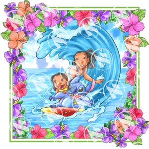 May include: A blue cartoon character with a surfboard, riding a wave with two girls. The background is a watercolor painting of tropical flowers.