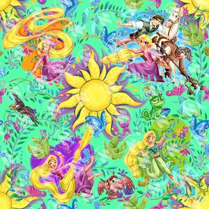 以下が含まれることがあります： 明るい緑色の背景に、長い金髪の漫画のキャラクターが描かれた、鮮やかで繰り返しのパターン。大きな黄色の太陽、鳥、蝶、花の要素が含まれています。キャラクターはさまざまなポーズで描かれています。