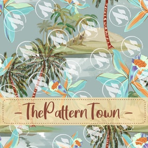 Könnte beinhalten: Ein nahtloses Muster mit tropischen Palmen, blauen und orangefarbenen Blumen und einem hellblauen Hintergrund. Der Text "The Pattern Town" ist in brauner Schrift auf einem beigefarbenen Banner dargestellt.