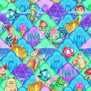 Pode incluir: Um padrão colorido e repetitivo com personagens e imagens do filme de animação "Luca". O design inclui personagens de desenhos animados, criaturas marinhas, cones de sorvete e a palavra "Luca" em uma fonte estilizada, em um fundo de montanhas e água estilizadas.