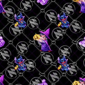 Pode incluir: Padrão com tema de Halloween com personagens de desenhos animados fantasiados. O design inclui uma bruxa segurando uma abóbora, um vampiro e outros elementos de Halloween em um fundo preto com um padrão de grade de diamante. A paleta de cores inclui roxo, preto e branco.