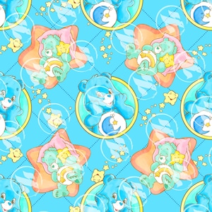 Pode incluir: Padrão repetitivo com ursos de desenho animado em um design repetido. Os ursos são azuis, com um emblema de lua e estrela. Outros elementos incluem estrelas laranja, estrelas amarelas e um fundo azul claro com uma grade pontilhada.