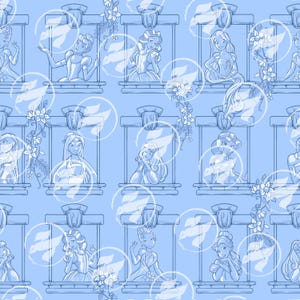 Pode incluir: Um padrão contínuo azul claro com princesas de desenhos animados em janelas arqueadas. Cada princesa é desenhada em um estilo delicado, com detalhes florais brancos e desenhos circulares. O design geral é suave e caprichoso.