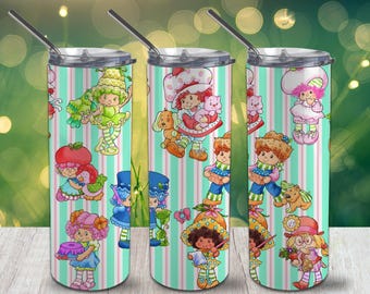 Frucht-Design „Niedliche Freunde“ – Minzstreifen, schmaler Becher, 590 ml (20 oz), PNG, 300 dpi – Sublimationsdesign zum digitalen Download