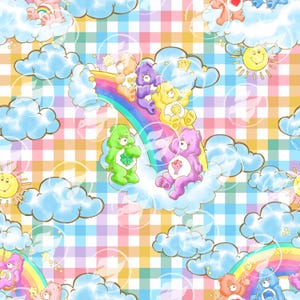 Słodkie misie w kratkę, pastelowa tęcza (bez sztucznej inteligencji), bezszwowe, PNG, 15" x 15", 300 DPI – papier cyfrowy do sublimacji, tkaniny i scrapbookingu