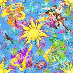 以下が含まれることがあります： おとぎ話のキャラクターが登場する、鮮やかで繰り返しのパターン。大きな黄色の太陽、長い金髪のラプンツェル、その他のキャラクターや動物が、花柄と蝶のアクセントが付いた青い背景に描かれています。