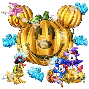 Pode incluir: Ilustração digital de uma abóbora grande e sorridente com orelhas do Mickey Mouse. Personagens de desenhos animados com fantasias de Halloween, incluindo Pato Donald, Pluto, Mickey Mouse e fantasmas, cercam a abóbora.