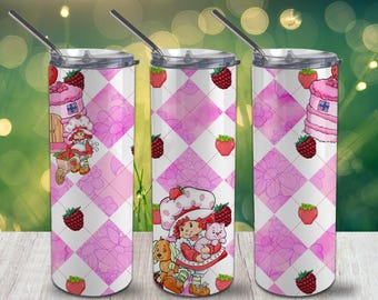 Niedliches Frucht-Freunde-Design mit Diamant-Karomuster für schmale Trinkbecher (590 ml) – PNG-Datei, 300 dpi – Sublimationsdesign zum digitalen Download