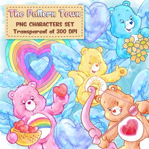 May include: A digital illustration of cartoon bears with angel wings. The bears are in pink, blue, and yellow, holding hearts and flowers. The image includes the text "The Pattern Town" and "PNG CHARACTERS SET Transparent at 300 DPI".