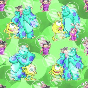 May include: A repeating pattern featuring characters from the animated film Monsters, Inc. The design includes the large blue monster Sully, the one-eyed Mike Wazowski, and the little girl Boo, set against a light green background with white bubble accents.