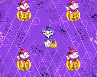 Halloween Puppy and Cat Purple Ghosts (No IA) Seamless Pattern 15" x 15" 300 DPI – Digital Paper for Sublimation, Fabric & Scrapbooking