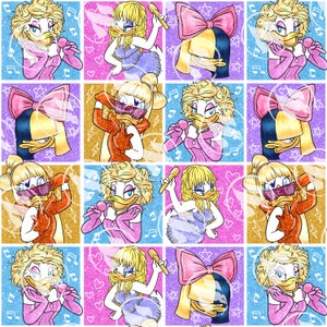 Pode incluir: Uma colagem digital com 10 patos de desenho animado com diferentes penteados e roupas. Cada pato usa uma roupa diferente, incluindo um vestido rosa, um vestido azul, um vestido vermelho, um vestido roxo e um vestido branco. Os patos usam todos óculos de sol e têm diferentes penteados, incluindo um rabo de cavalo, um coque e tranças. O fundo é um padrão colorido de estrelas, corações e notas musicais.