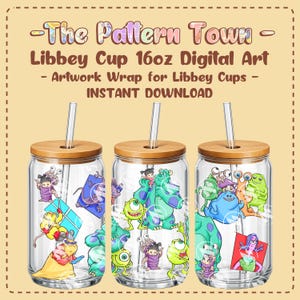 Pode incluir: Três copos Libbey de vidro transparente com tampas e canudos de bambu, cada um com um design de personagem de desenho animado diferente. Os copos são rotulados como "The Pattern Town" e "Libbey Cup 16oz Digital Art - Artwork Wrap for Libbey Cups - INSTANT DOWNLOAD."