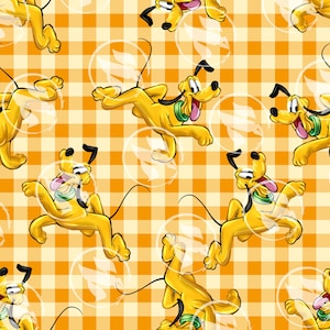 Pode incluir: Padrão repetitivo com o personagem de desenho animado Pluto. Pluto é amarelo com uma orelha preta, coleira verde e língua rosa. O fundo é um padrão xadrez laranja e branco com bolhas brancas.