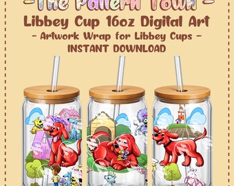 Giant Red Dog Village (No Ai) 16oz Libbey Glass Can Wrap PNG 300 DPI – Sublimation Tumbler Design Digital Download