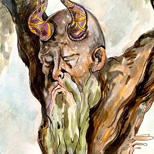 May include: Watercolor illustration of a tree spirit with a human-like face and patterned horns. The face is set within the textured bark of a tree, with a long, green-tinged beard. The horns are purple with gold detailing.