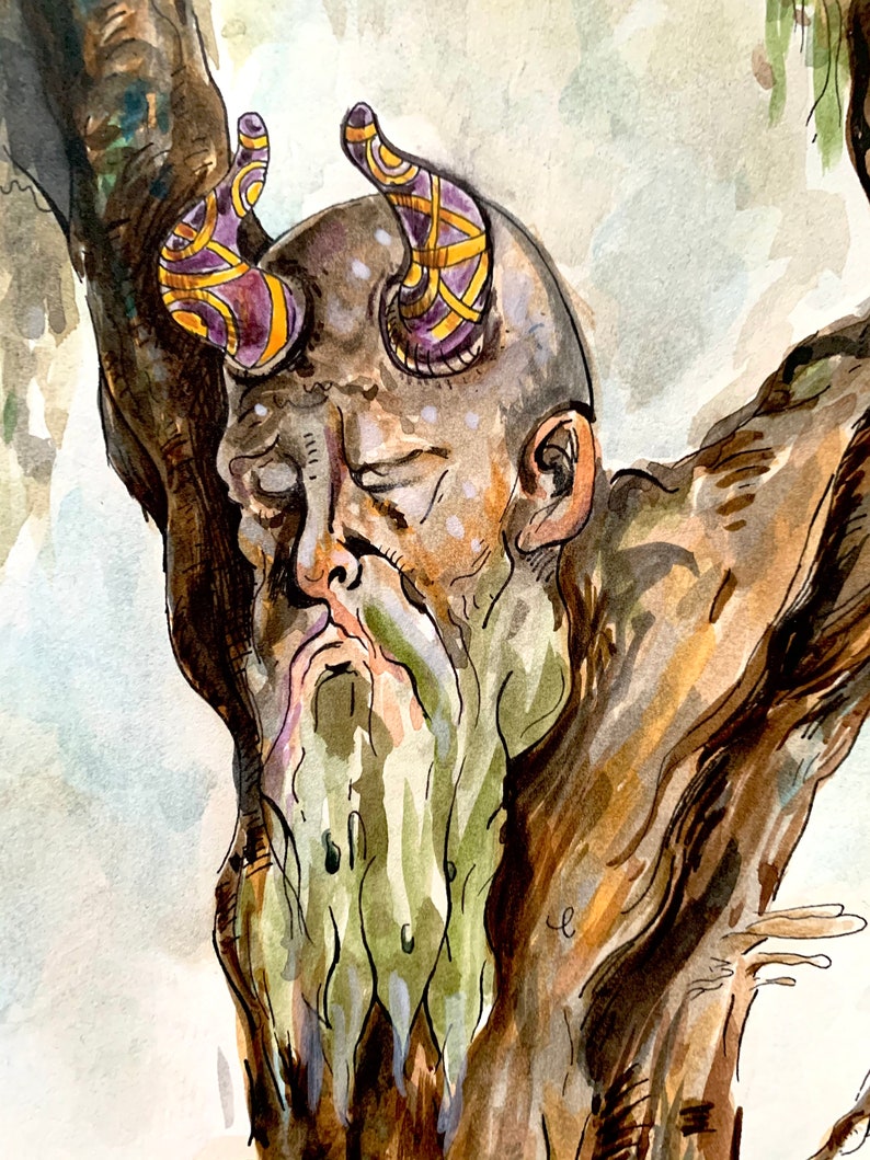May include: Watercolor illustration of a tree spirit with a human-like face and patterned horns. The face is set within the textured bark of a tree, with a long, green-tinged beard. The horns are purple with gold detailing.