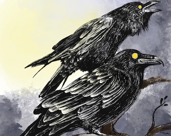 Odins Ravens Print | Giclee Art print | Pagan Art | Witch Art | Norse Mythology Art
