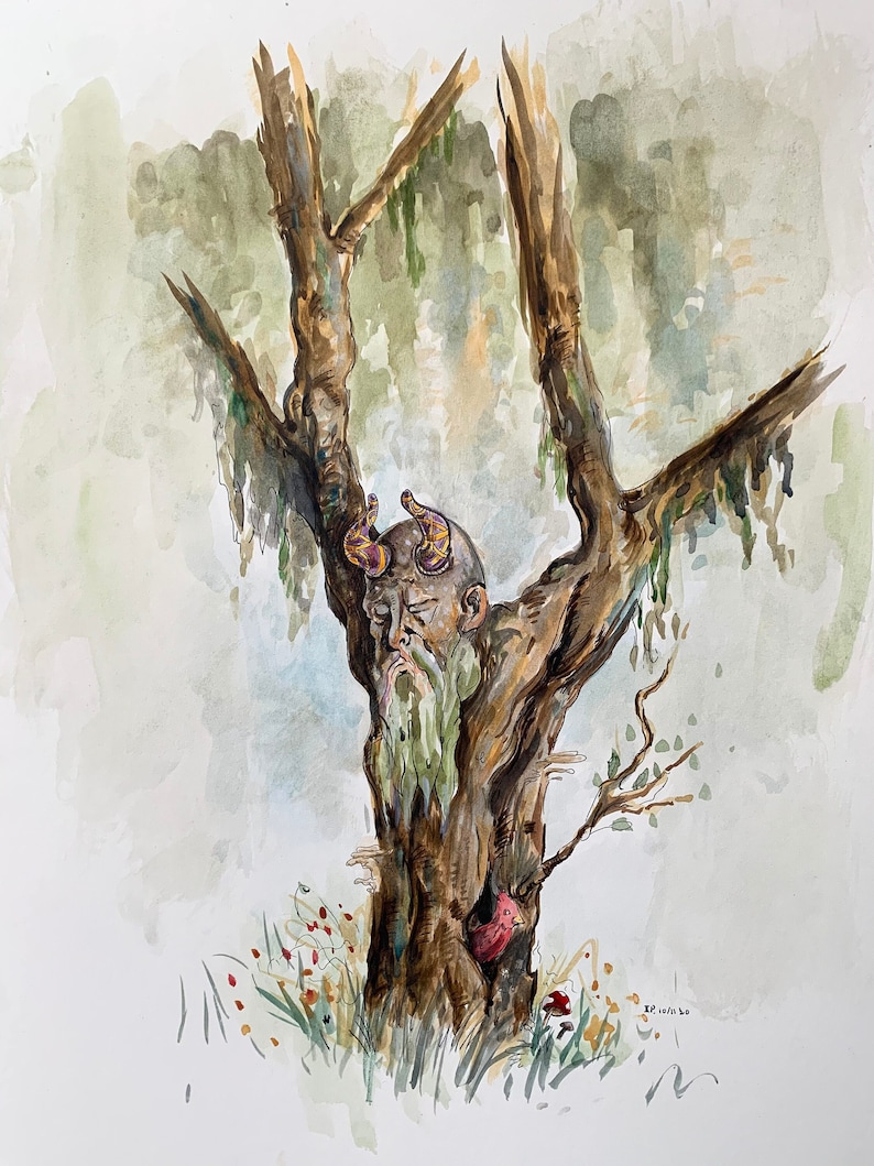 May include: Watercolor painting of a tree with a face carved into the trunk. The face has a long white beard and horns. The tree has moss and a few small branches. The background is a light wash of green and blue.
