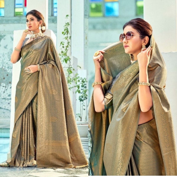 Persian Grey Kanjivaram Soft Silk Saree Blouse | Sarees for Woman Indian Sarees Latest Sarees Banarasi Kanchipuram Ikkat