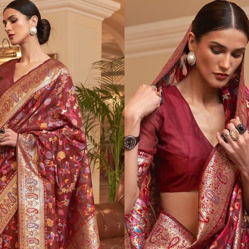 Dark Maroon Kashmiri Saree For Woman With Beautiful Jamawar Weaving All shops Over Saree And Paisly Zari Border