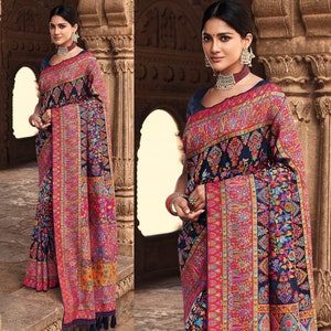 Dark Blue Kashmiri Silk Saree For Woman Eith Pink Border And Jamawar Weaving With Tessles