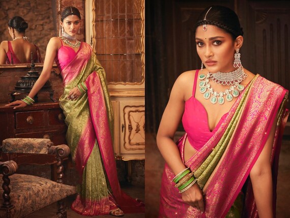 Light Green and Pink Kanjivaram Pattu Silk Saree for Woman With
