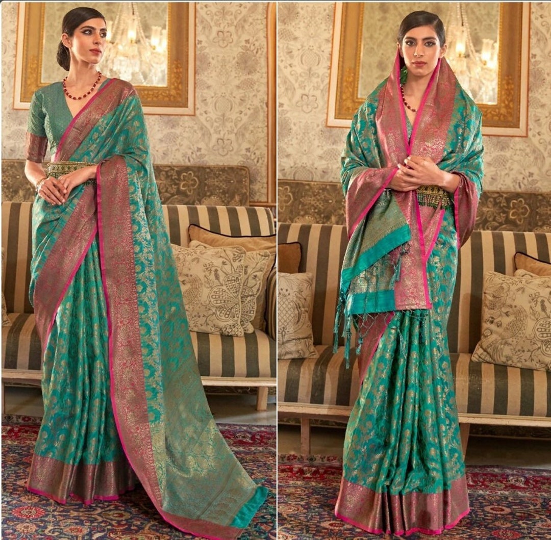 Pine Green and Golden Kanjivaram Silk Saree With Contrast Pink - Etsy Pine Green and Golden Kanjivaram Silk Saree With Contrast Pink - Etsy