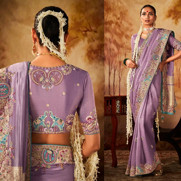 Women's Silk Blend Lavender Printed Designer Saree With Blouse Piece