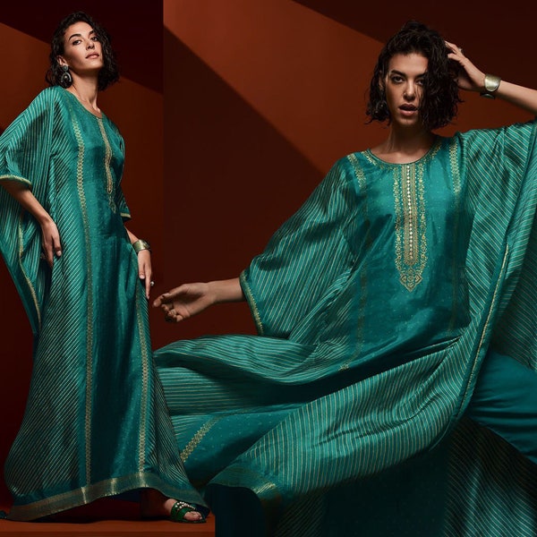 Sea Green Bandhani Silk Kaftan with Embroidered Long Neck / Kaftan Dress / Kaftan