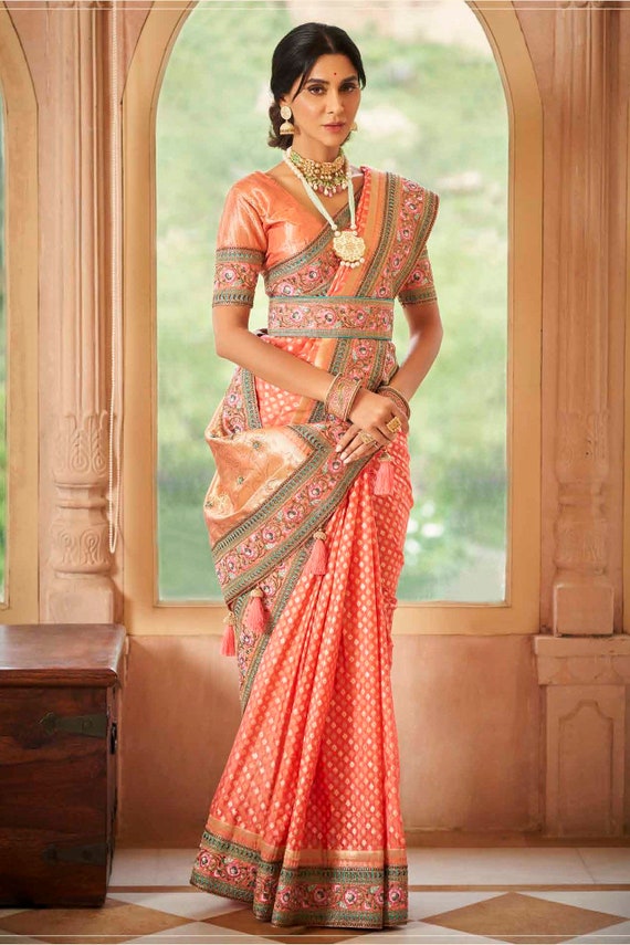 Tangerine Orange Designer Silk Saree for Wedding, Saree With Hand