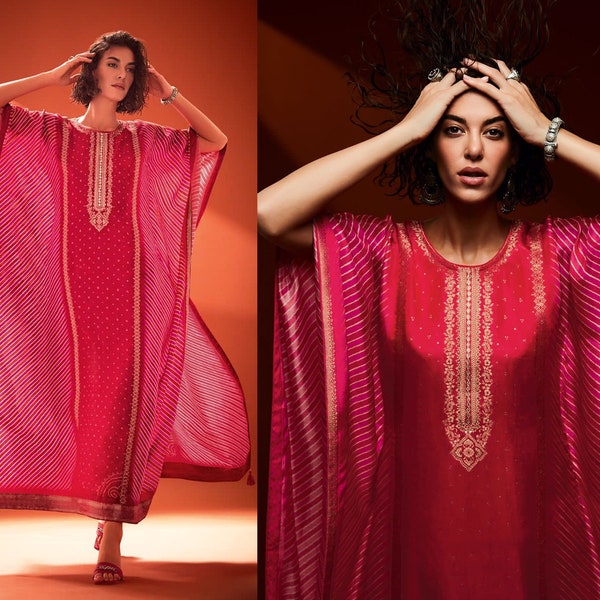 Romantic Pink Bandhani Silk Kaftan with Embroidered Long Neck / Kaftan Dress / Kaftan