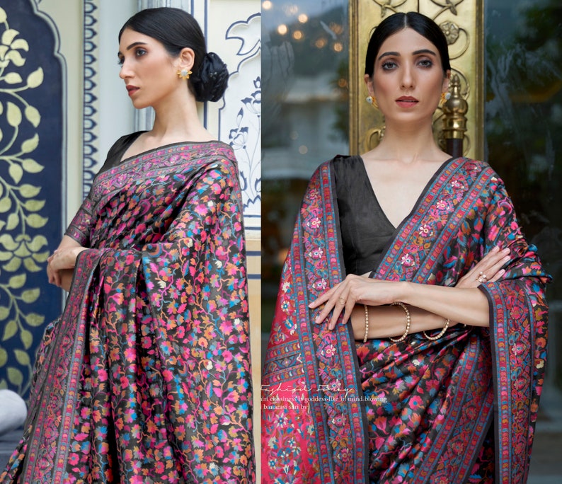 Black Kashmiri shops Saree For Woman With Double Border And Beautiful Jamawar Weaving All Over Saree And Paisly Zari Border