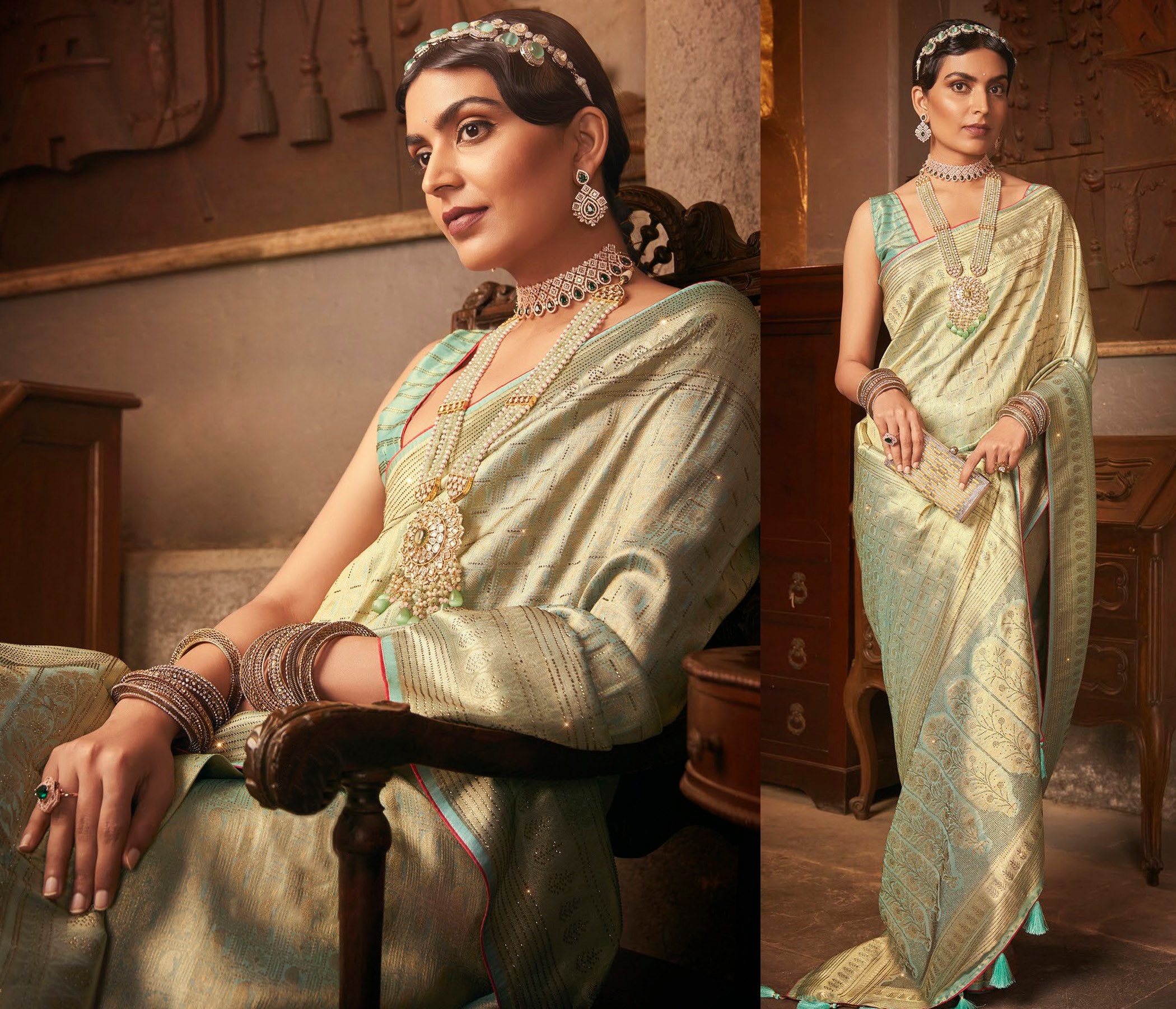 Green silk saree with best sale jewellery