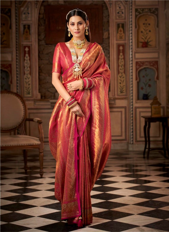 Buy Red and Orange Kanjivaram Silk Saree T228171