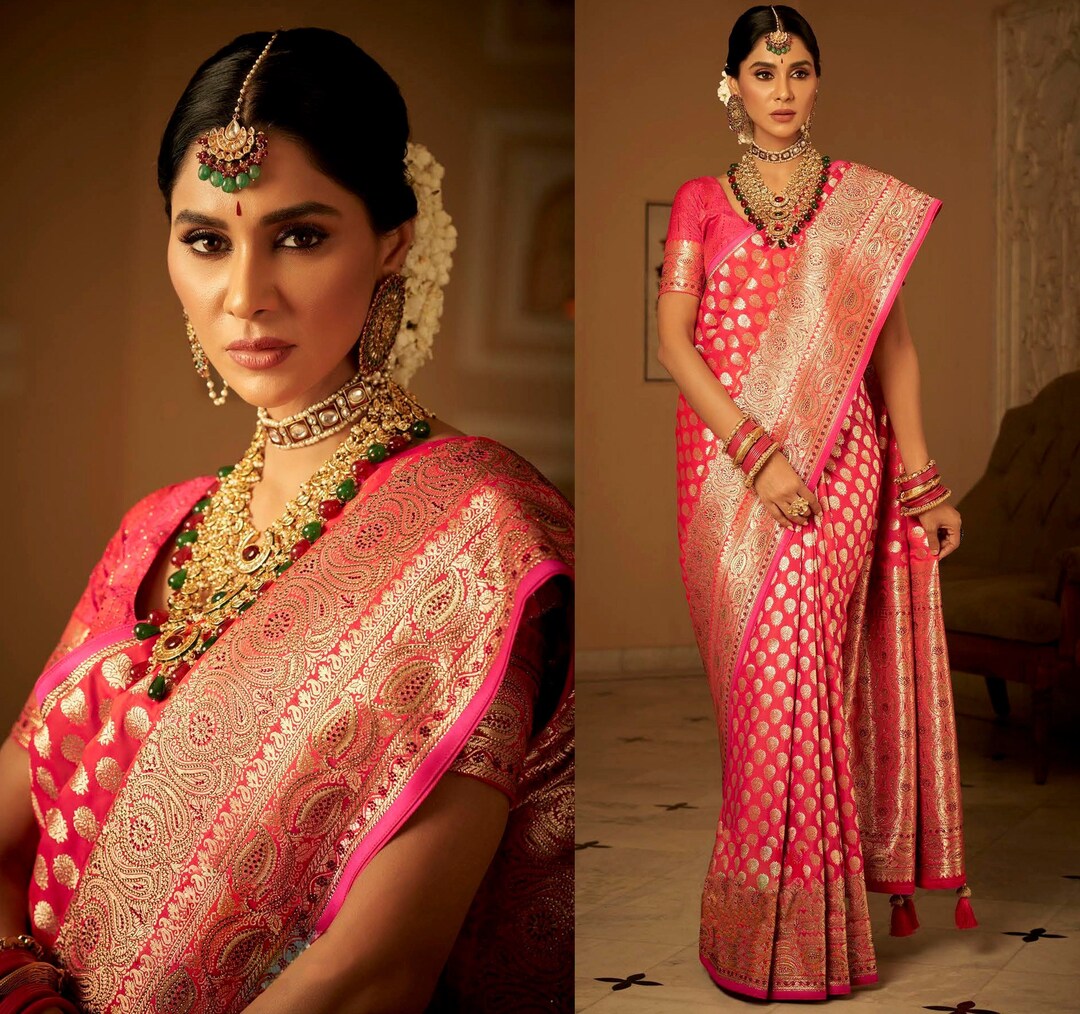 Bridal Pink Banarasi Silk Saree With Scattered Designer Unique - Etsy Bridal Pink Banarasi Silk Saree With Scattered Designer Unique - Etsy