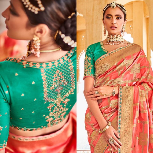 Peach And Green shops Banarasi Silk Saree For Woman Banarasi Saree Silk Saree Embroidered Ready to Wear