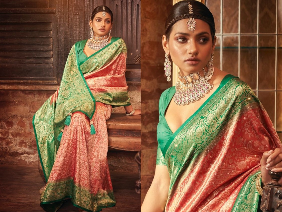 Peach Green Kanjivaram Pattu Silk Saree for Woman With - Etsy Canada Peach Green Kanjivaram Pattu Silk Saree for Woman With - Etsy Canada