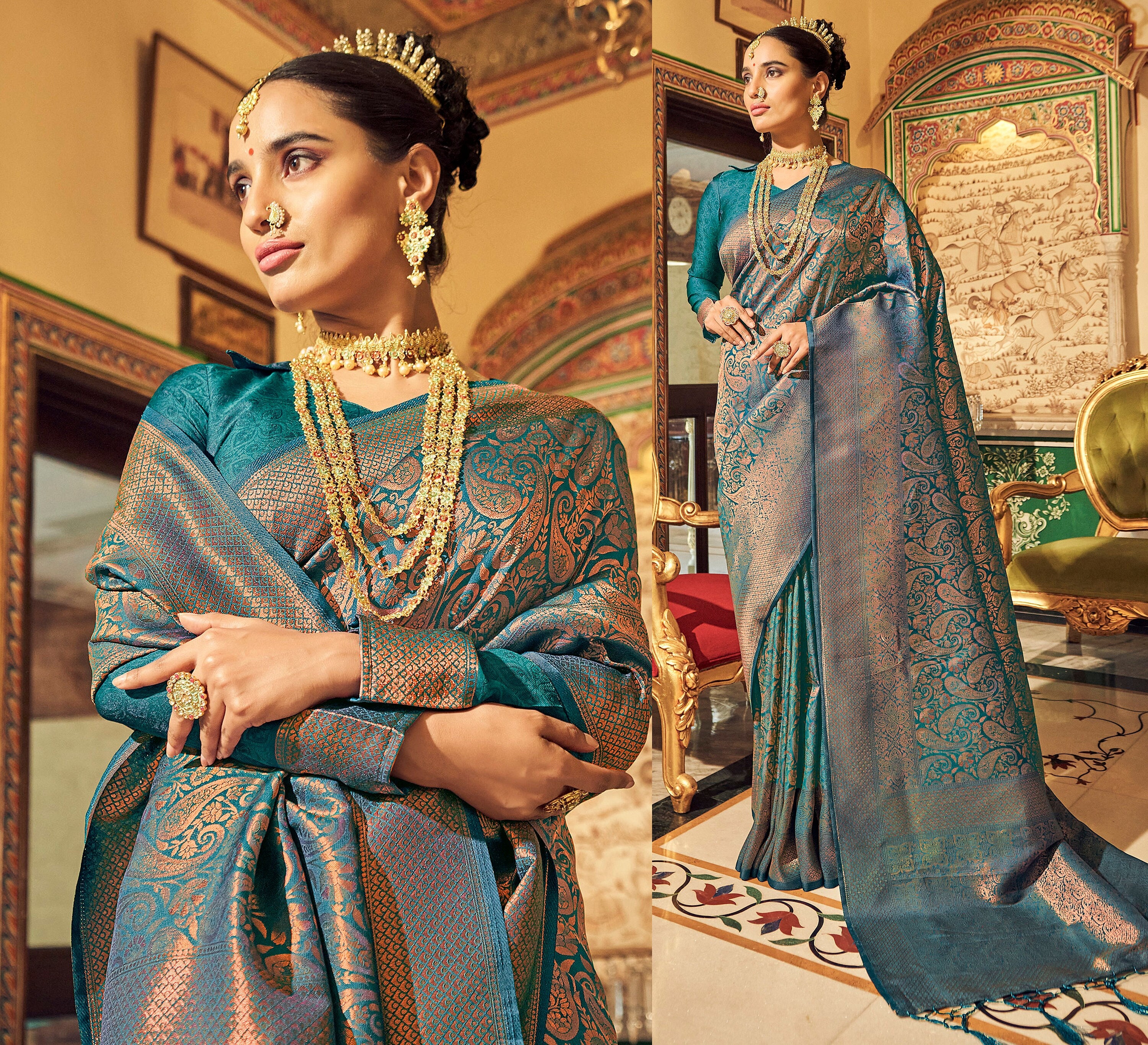 peacock color saree contrast blouse