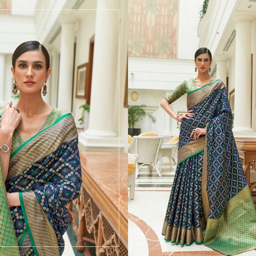 Shops Patola Silk Saree In Indigo Blue With Ikaat Weaving Kanchi Pattu Sarees Fancy Saree Wedding Saree.