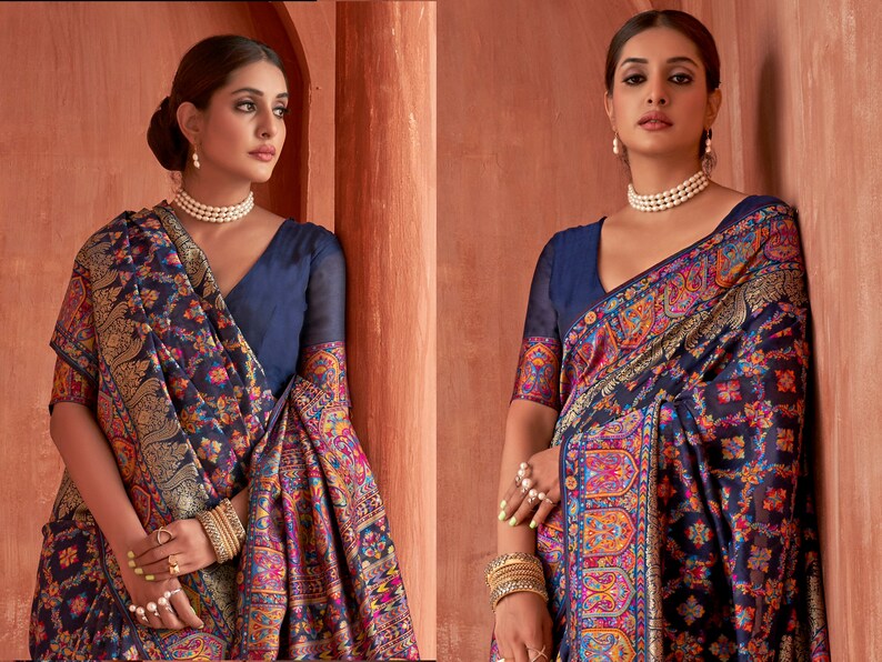 Noir Blue Kashmiri Kani Silk Saree For Woman With Blouse Kashmiri Weaving shops | Sarees By TST|