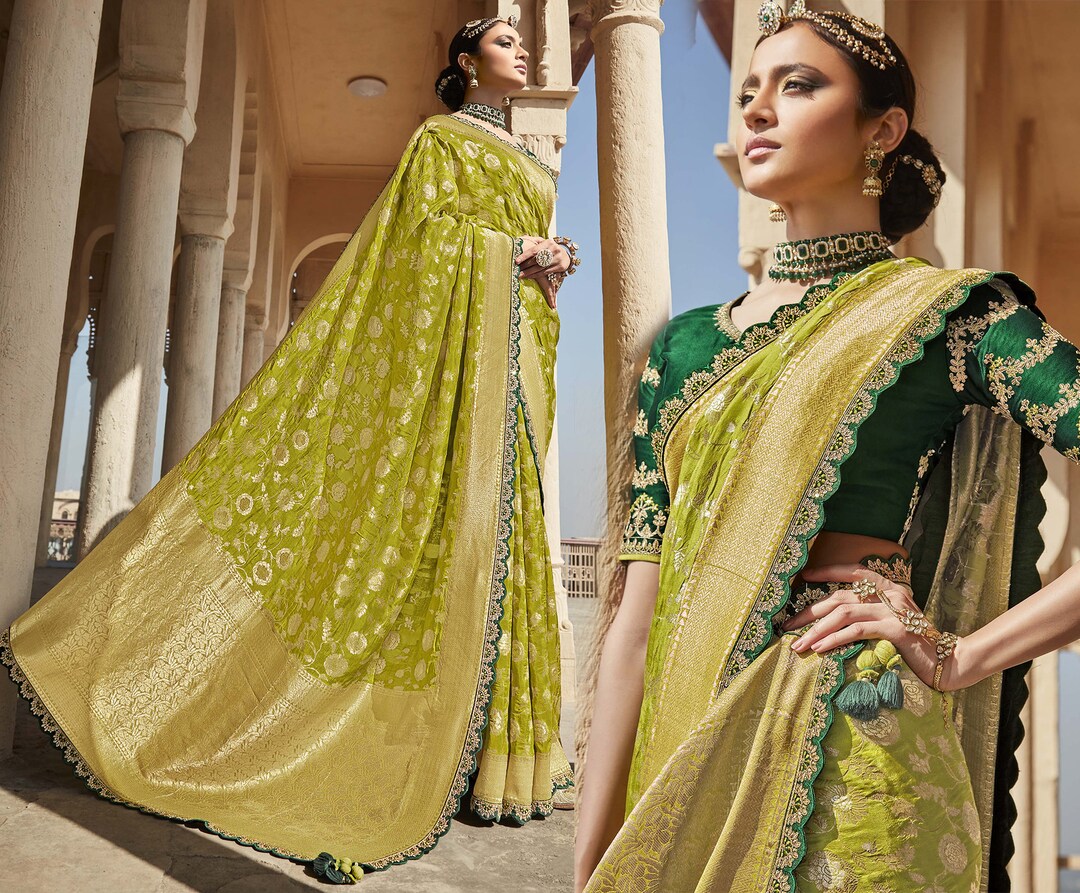 Olive Green & Dark Green Banarasi Saree for Woman Banarasi - Etsy