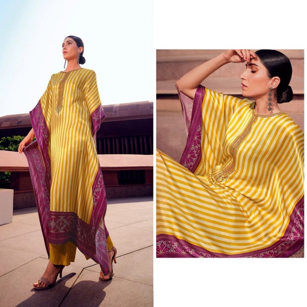 Silk Kaftan Dress For Woman In Yellow With Pink Patola Silk Border and Stripe Design On Body Bridesmaid Dresses Kaftan Dress Party Suit