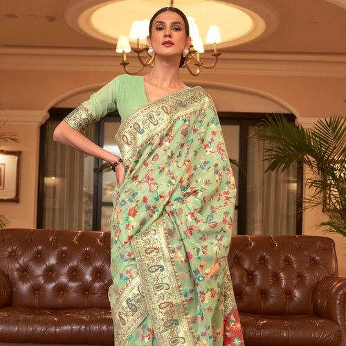 Mint Green Kashmiri Saree For Woman With Beautiful Jamawar Weaving All shops Over Saree And Paisly Zari Border