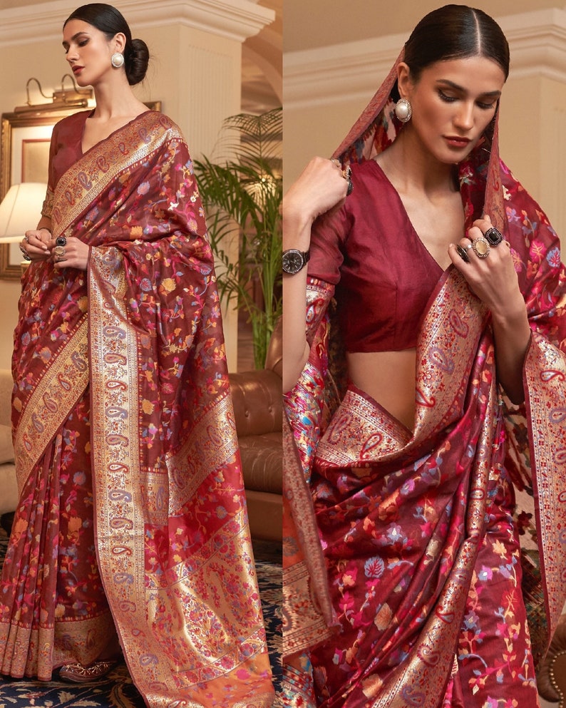 Dark Maroon Kashmiri Saree For Woman With Beautiful Jamawar Weaving All shops Over Saree And Paisly Zari Border