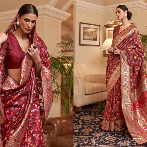 Dark Maroon Kashmiri Saree For Woman With Beautiful Jamawar Weaving All shops Over Saree And Paisly Zari Border