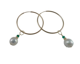 Versatile freshwater pearl earrings| Dangling hoop Earrings| Gold-filled hoops| White| Detachable pendant| Pearl charm| Real pearls| Gift